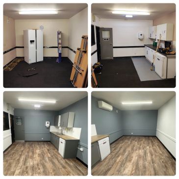 Four images showing a room before and after renovation.