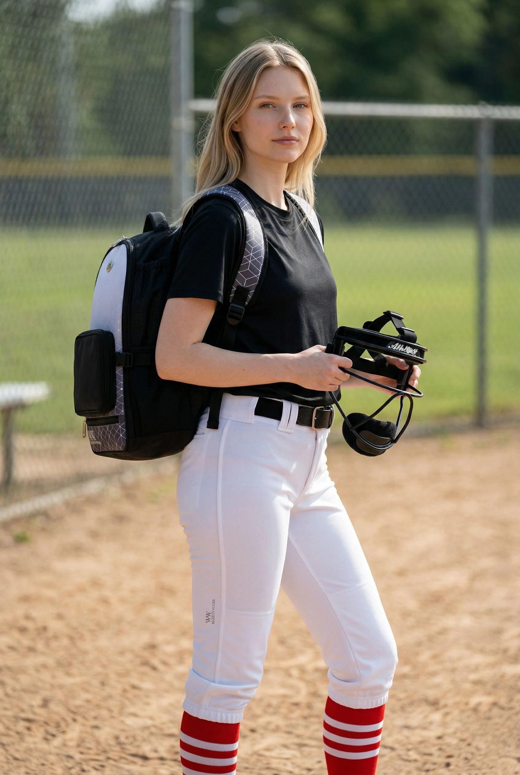 Female softball player holding a helmet on the field.