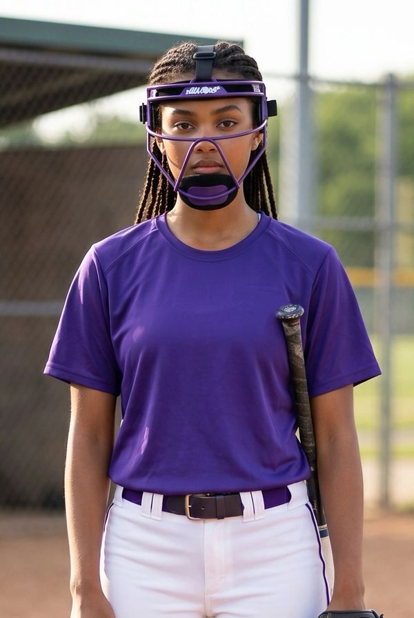 Softball player in purple jersey wearing a protective face mask, holding a bat.