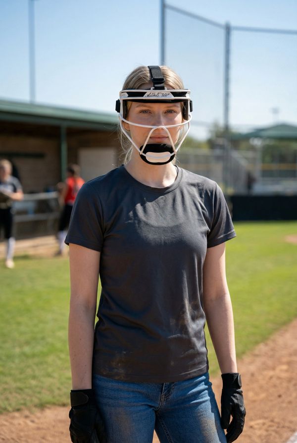 Female softball player wearing a protective face mask and gloves on the field.