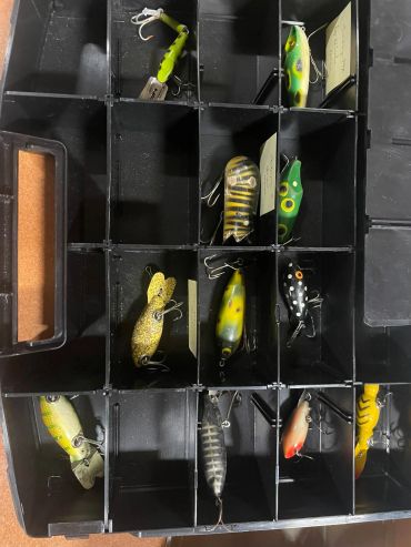 Fishing lures organized in a black tackle box.