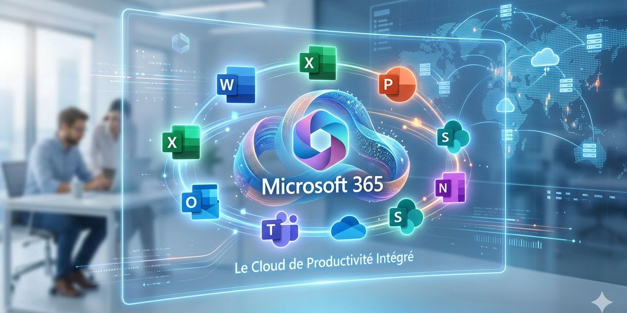 Microsoft 365 productivity cloud with app icons and people working in the background.