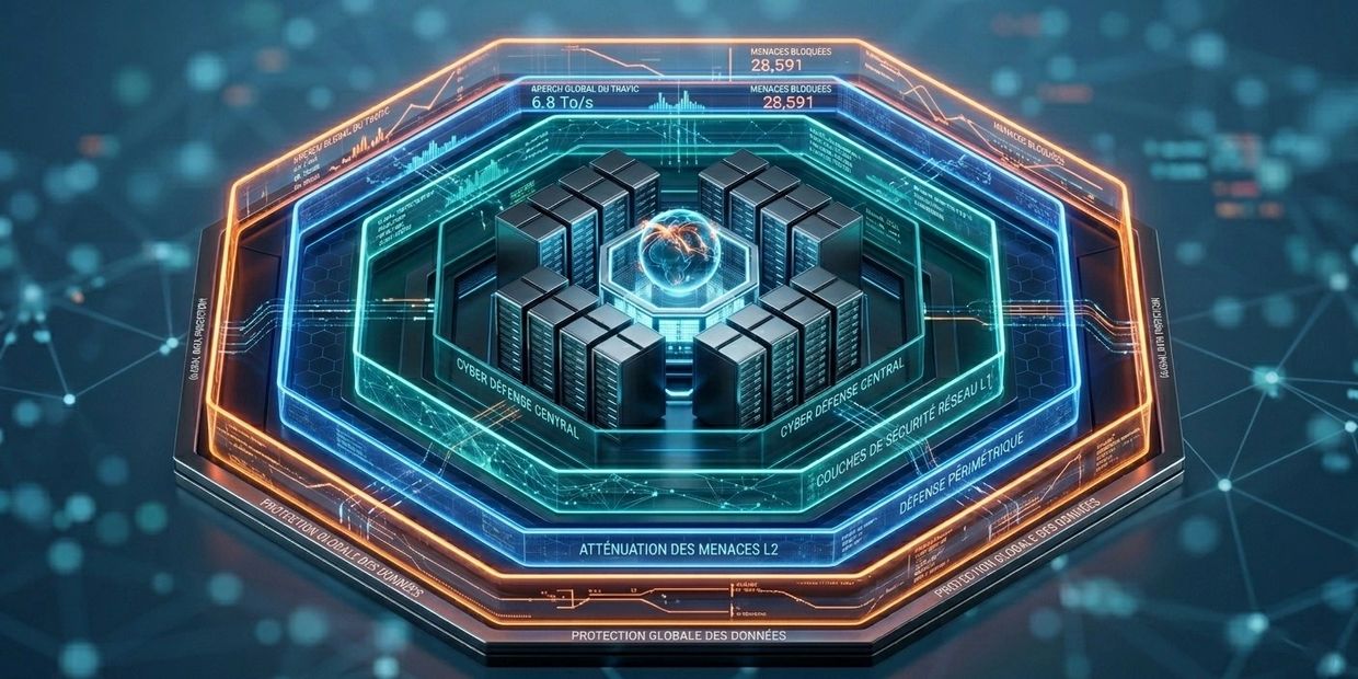3D futuristic cybersecurity hub with layered digital defense and data protection.