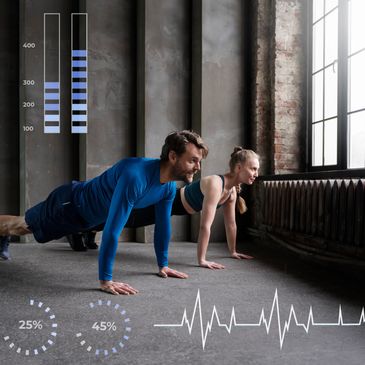 man and lady exercising with performance stats.