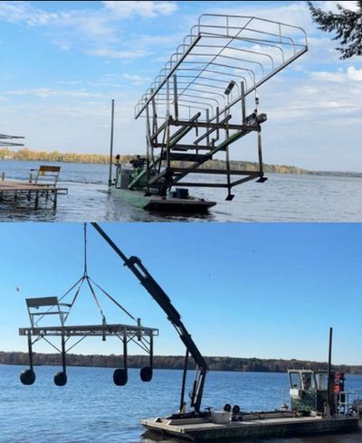 fork barge, crane barge, dock, lift, removal, install
