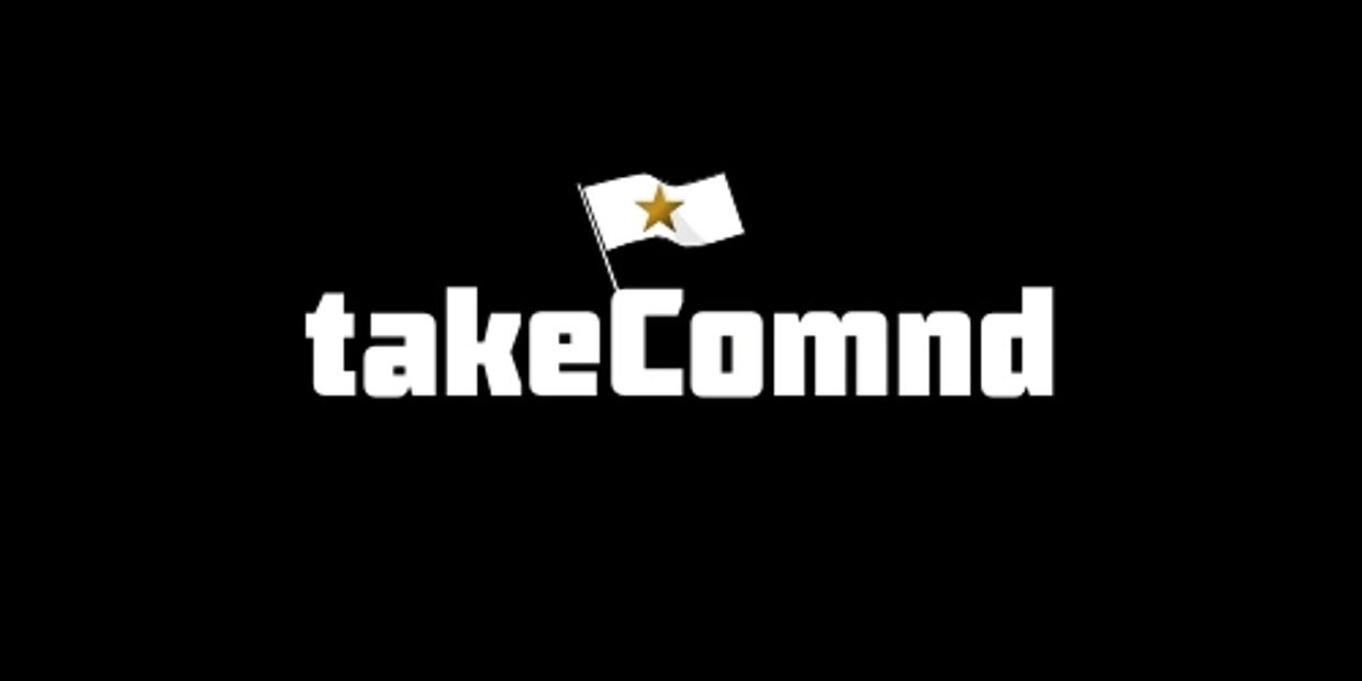 Logo with 'takeComnd' text and a flag featuring a gold star.
