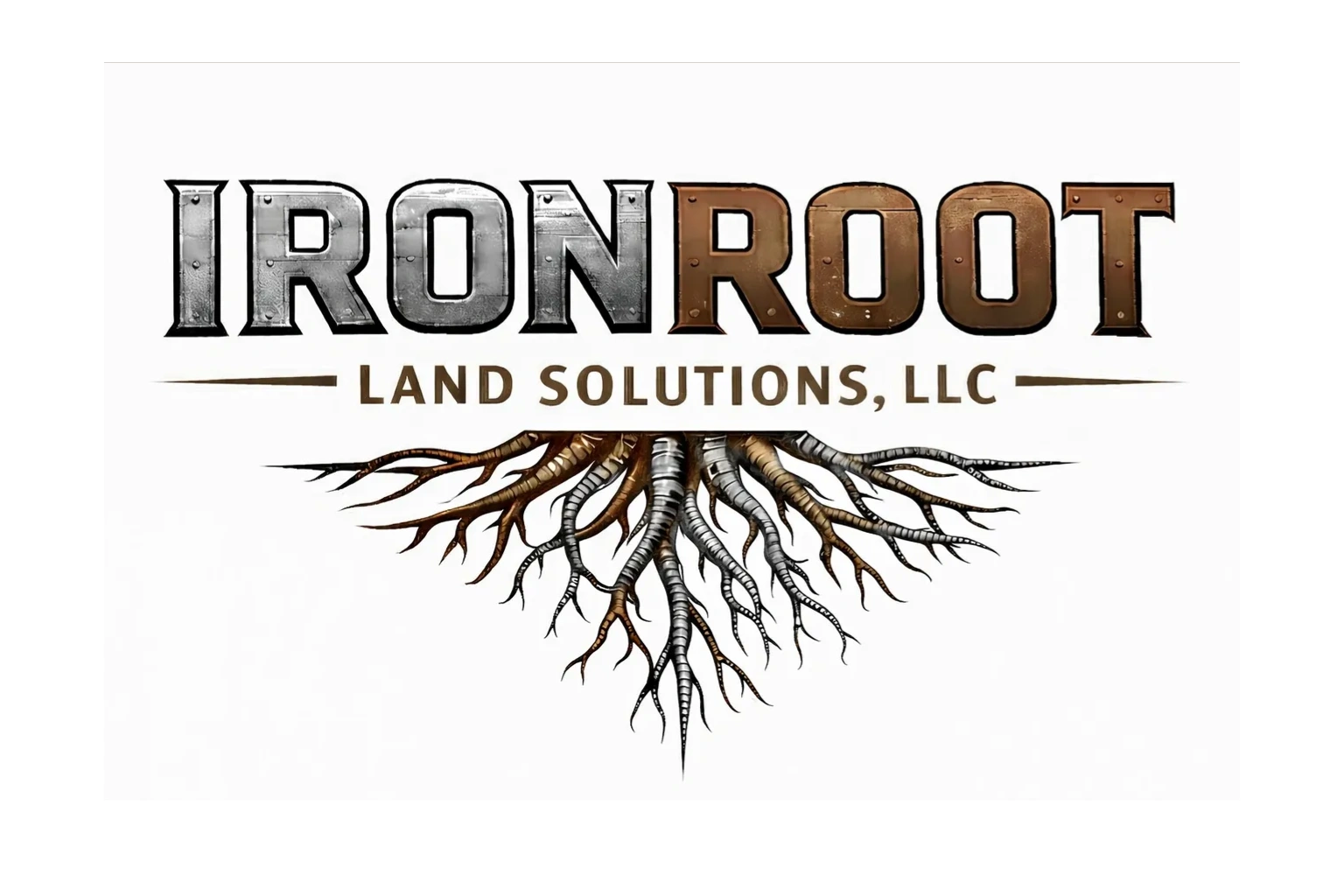 Logo for IronRoot Land Solutions, LLC with steel and rust-colored text and roots.