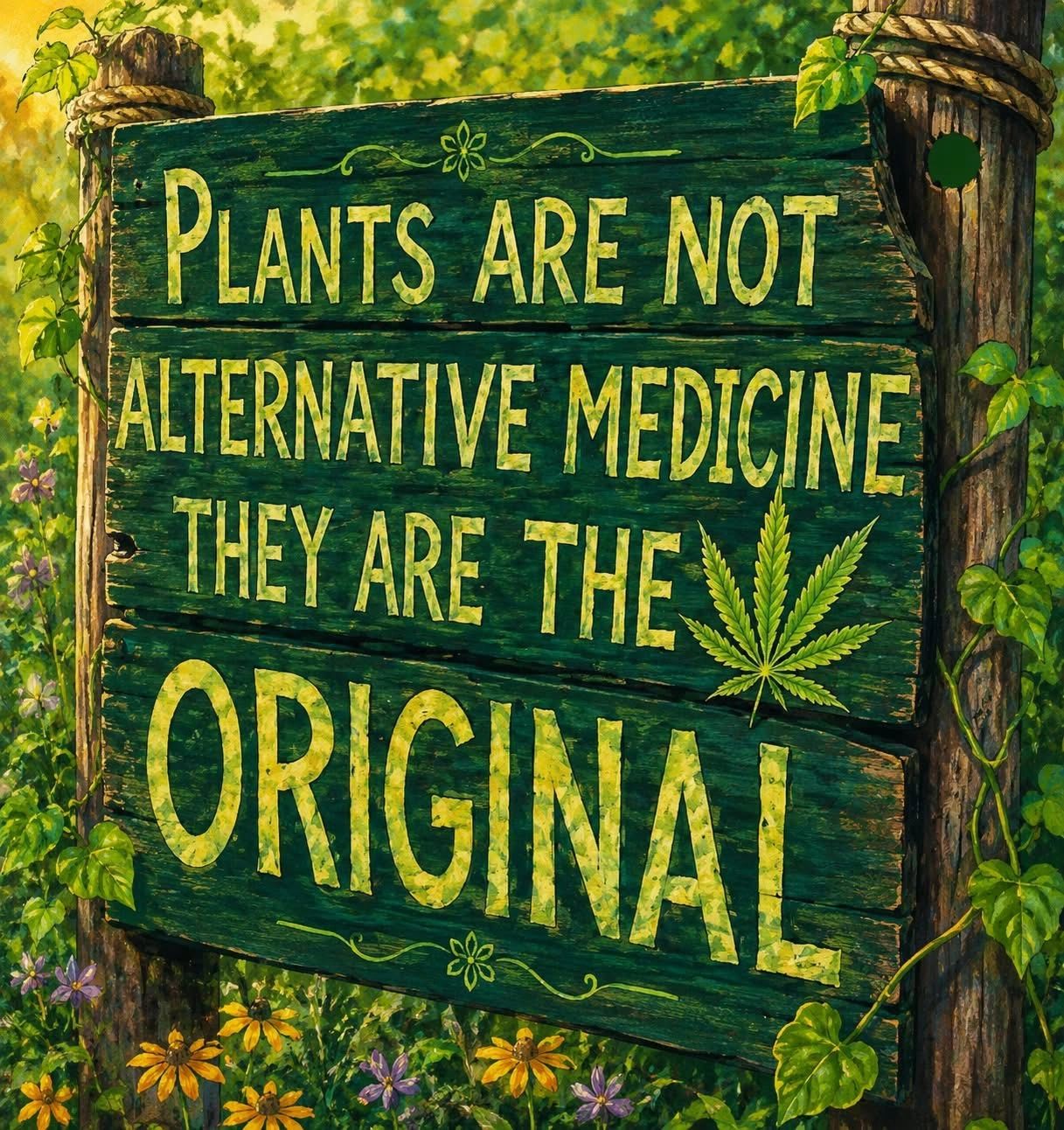 Wooden sign stating plants are the original medicine with a cannabis leaf illustration.