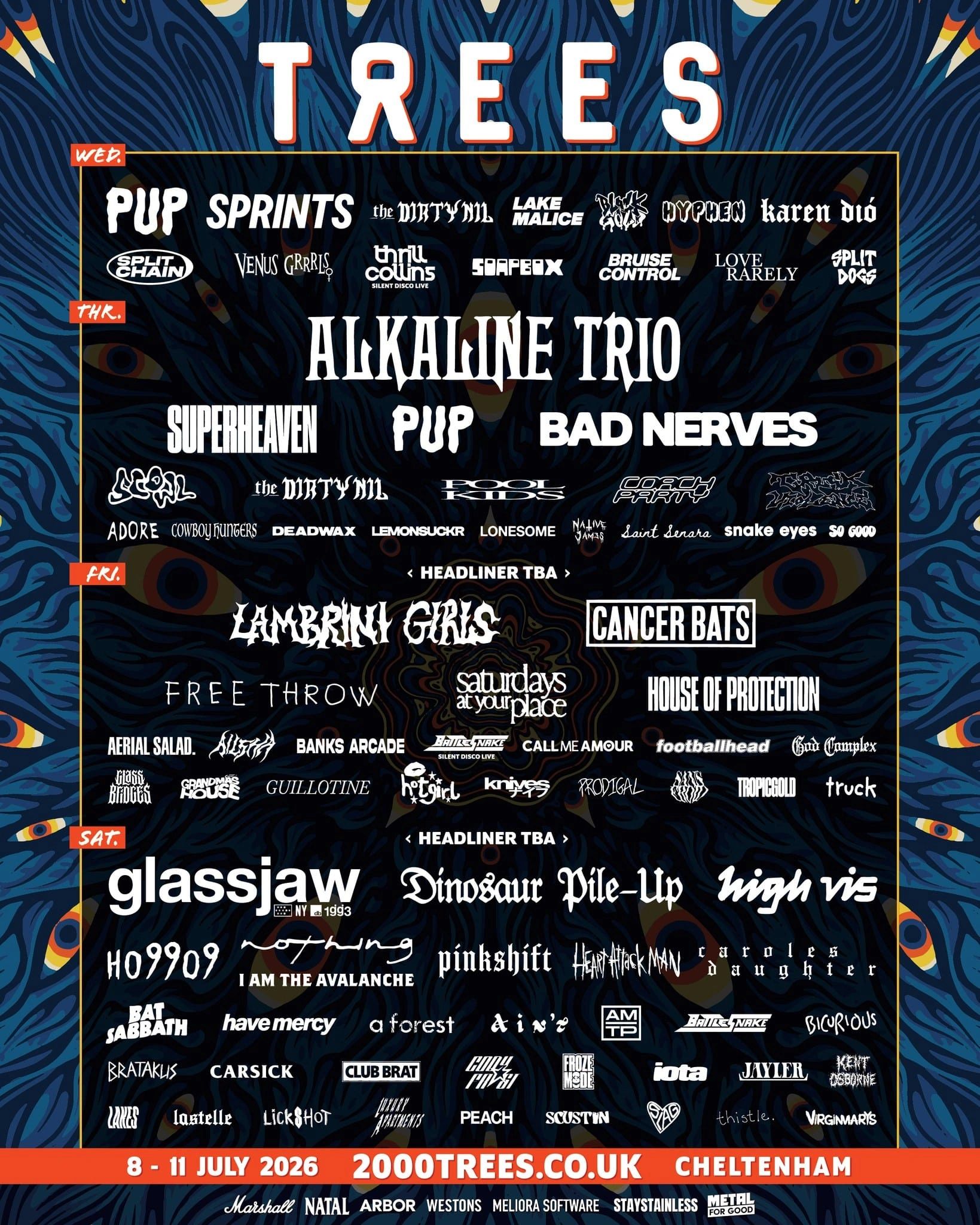 2000 Trees Festival lineup poster for July 8-11, 2026 in Cheltenham.