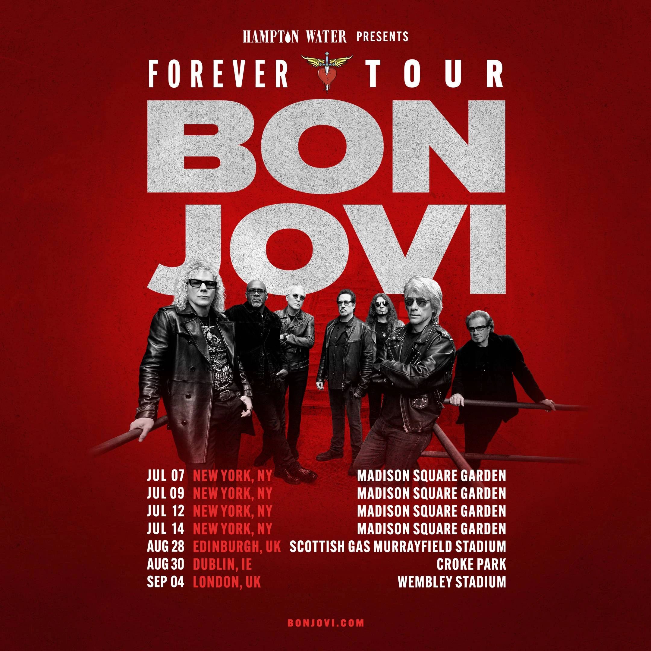 Bon Jovi's Forever Tour dates and locations poster with band members.