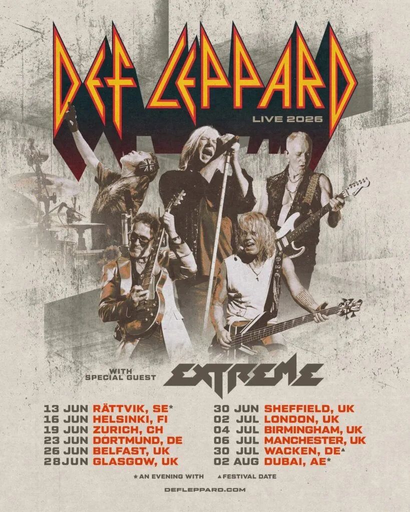 Def Leppard 2026 tour poster featuring band and special guest Extreme with dates and locations.