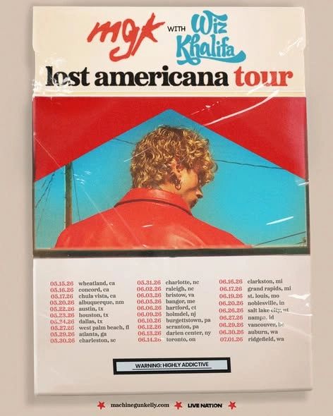 MGK and Wiz Khalifa Lost Americana Tour poster with dates and locations.