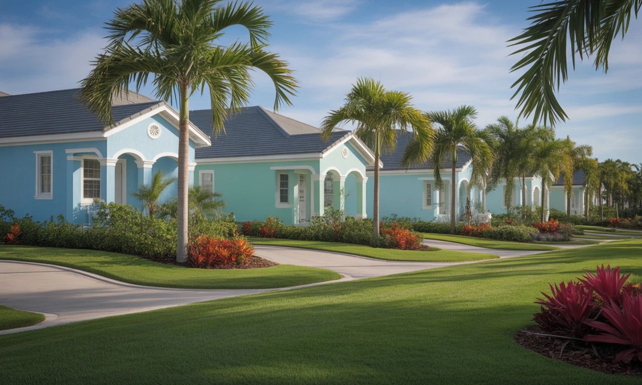 Row of pastel blue houses with palm trees and well-kept lawns on a sunny day.