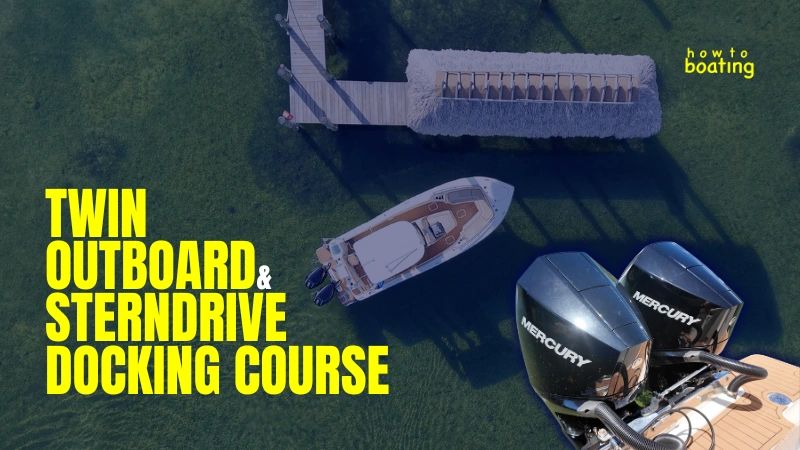 Twin outboard and sterndrive docking course with a boat and dock.
