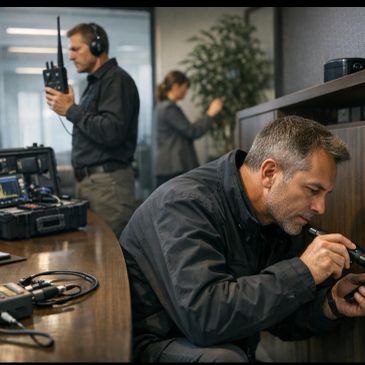 Technicians investigating and using equipment indoors.
