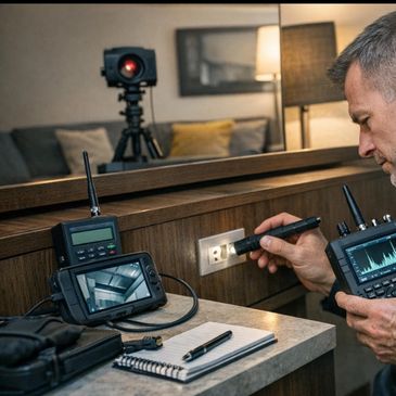 Man inspecting power outlet with electronic equipment.