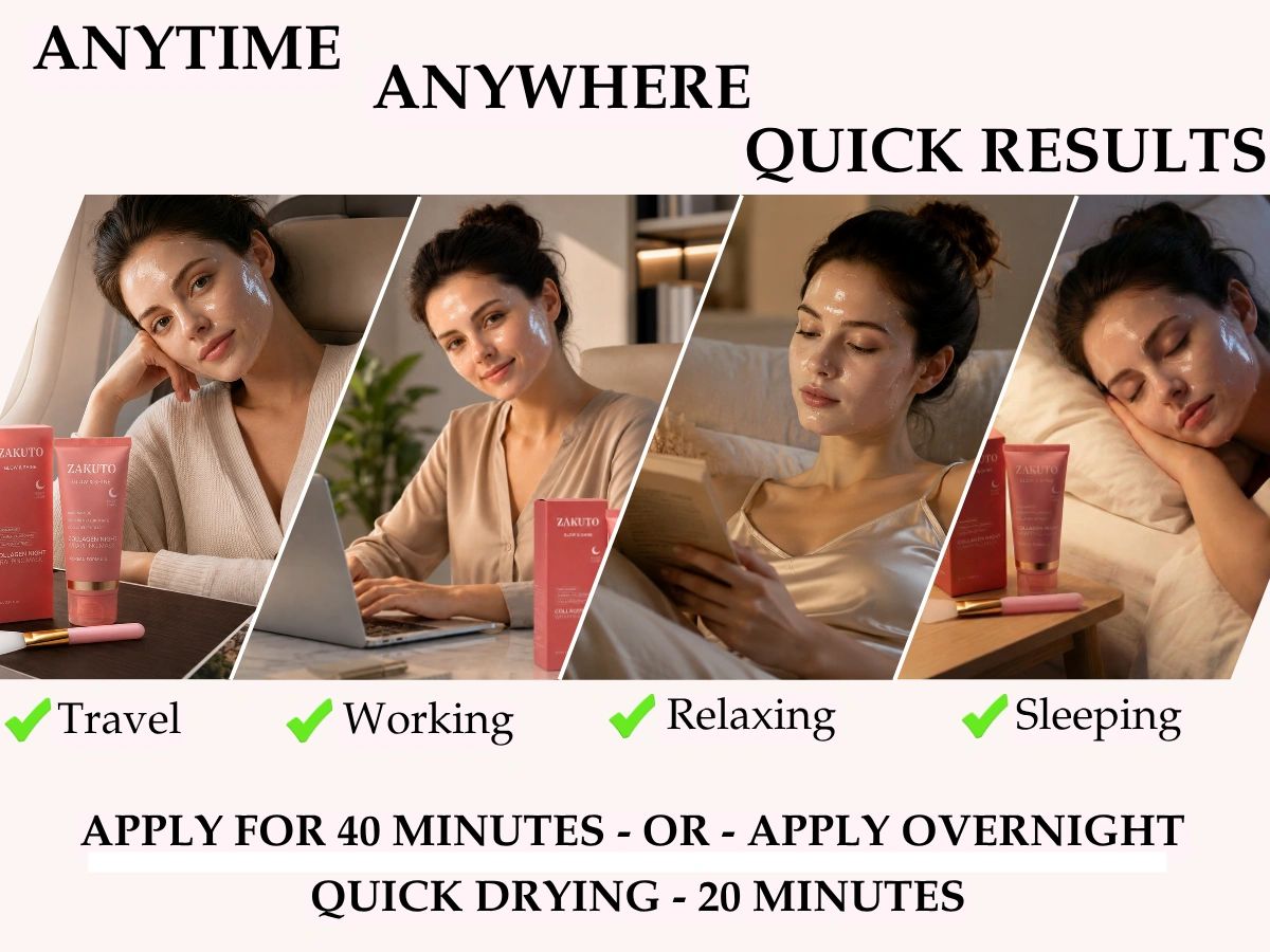 ZAKUTO overnight collagen face mask shown in nighttime, travel and relaxation routines as an easy-to-use peel-off wrapping mask.