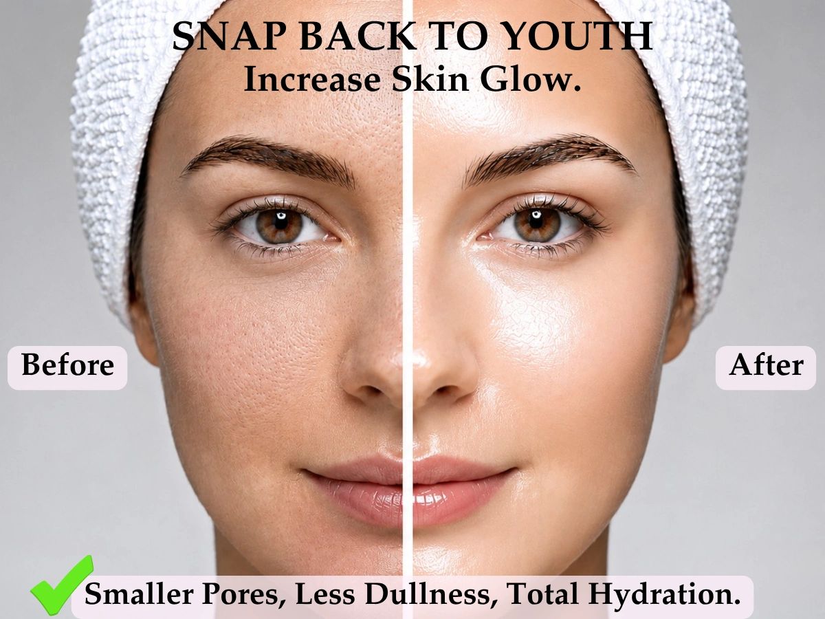 Before-and-after skincare illustration showing the appearance of skin before and after using the ZAKUTO Collagen Night Wrapping Mask.