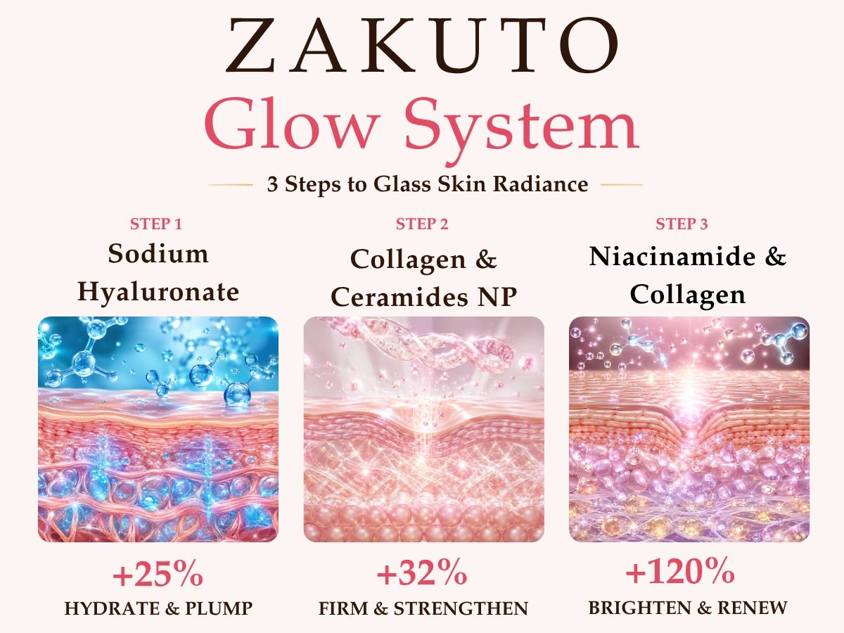 ZAKUTO Glow System infographic featuring sodium hyaluronate, collagen, Ceramide NP and niacinamide in a collagen face mask skincare routine.