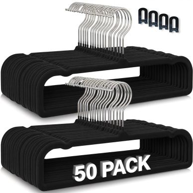 ZAKUTO 50-pack black velvet pants hangers with removable stacking hooks, non-slip surface and slim space-saving design.