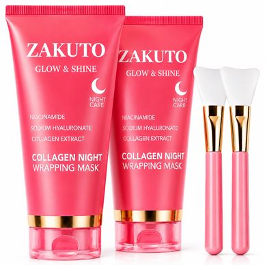 ZAKUTO Collagen Night Wrapping Mask 2-pack with two silicone applicator brushes for applying an overnight peel-off collagen face mask.