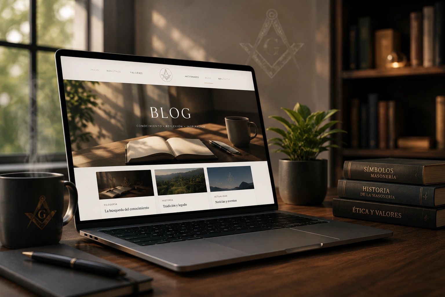 Portátil con blog sobre masonería y libros relacionados.