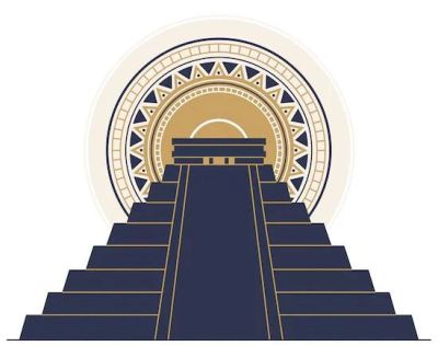 Ilustración de una pirámide escalonada maya con motivos geométricos.