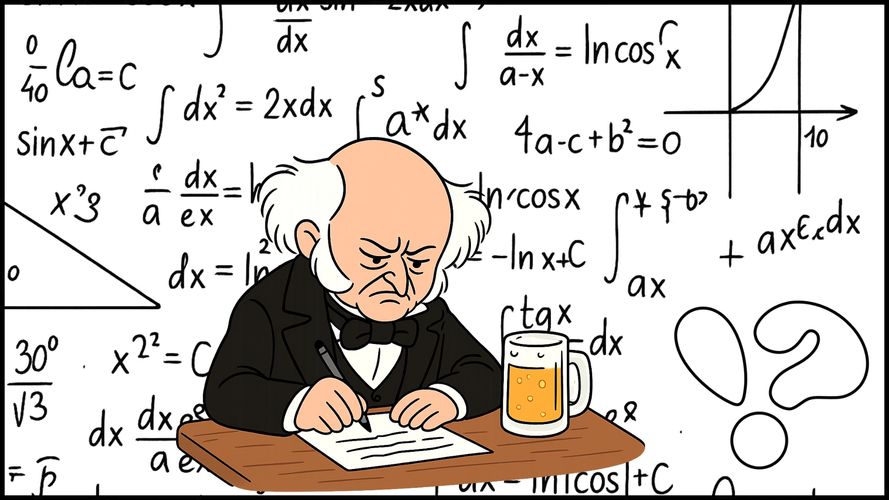 Cartoon scientist frustrated with math and beer on desk.