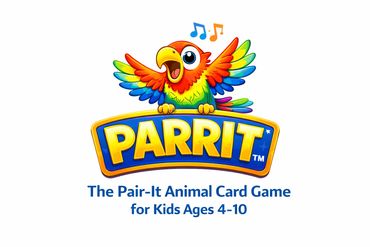Colorful parrot mascot for a kids' animal card game called Parrit.