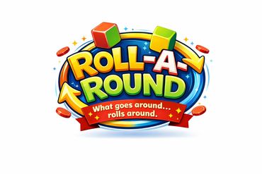 Colorful logo for the game Roll-A-Round with two rolling cubes and a catchy slogan.