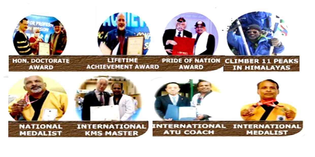 Various awards and achievements including doctorate, medals, and coaching.