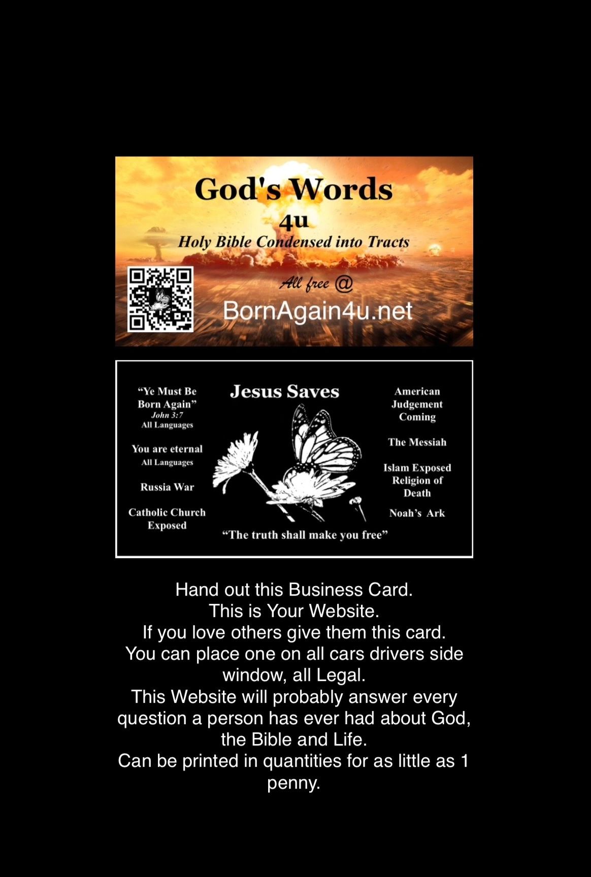Religious business card promoting a Christian website with Bible messages and topics.