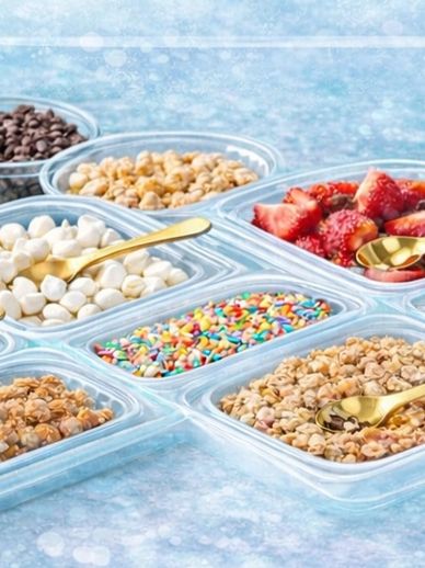 Assorted toppings including strawberries, marshmallows, and sprinkles in clear containers.