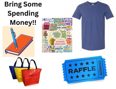 Collage promoting a raffle with spending money, including a shirt, tote bags, and motivational poster.