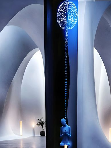 Blue statue with illuminated brain and spinal cord in a futuristic white space.