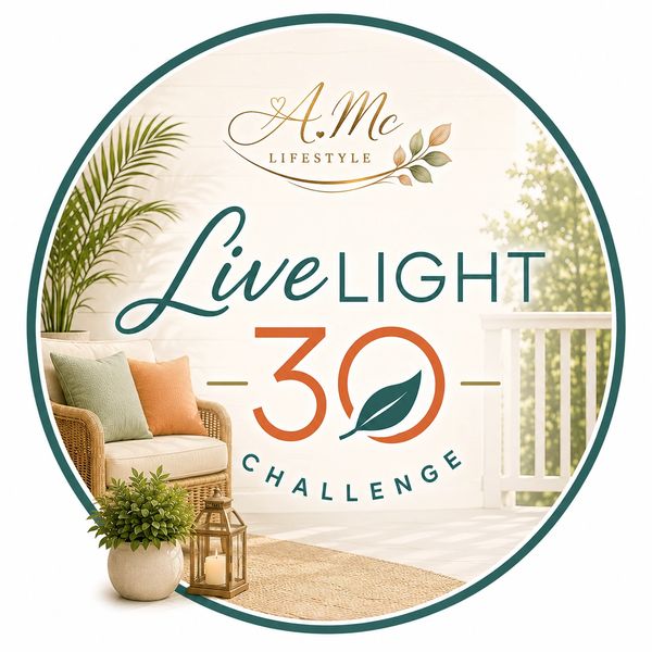 A cozy porch scene promoting the Live Light 30 Challenge by A.Mc Lifestyle.