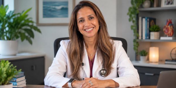 Smiling female doctor in a white coat at desk.