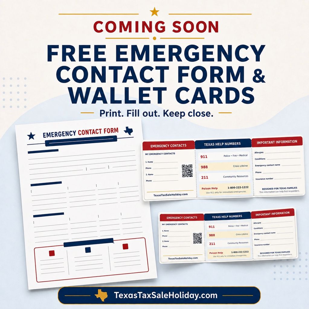 Free emergency contact form and wallet cards coming soon in Texas.