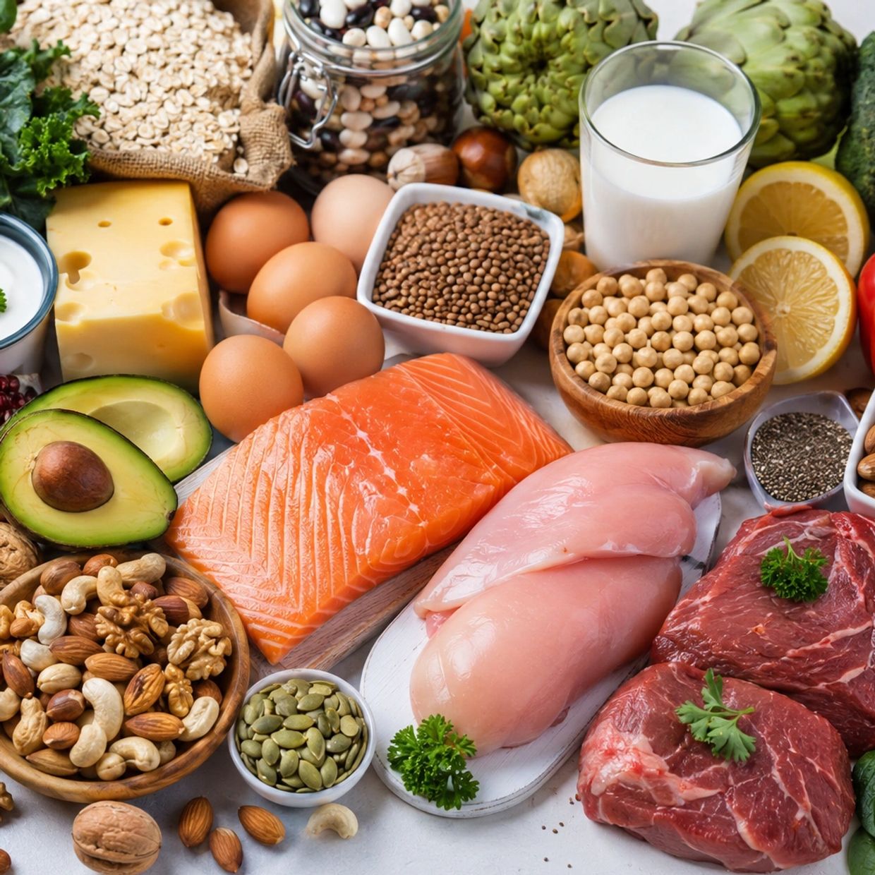 A variety of protein-rich foods including meat, fish, eggs, nuts, and legumes.