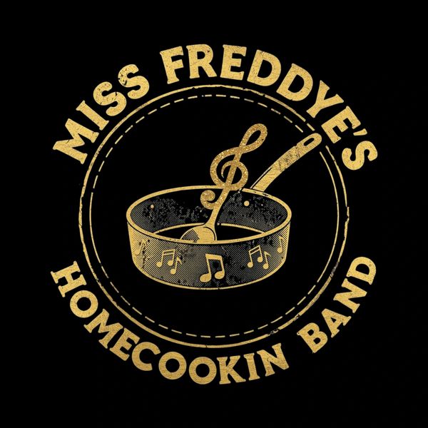 Logo of Miss Freddy's Homecookin Band with a pan and musical notes.