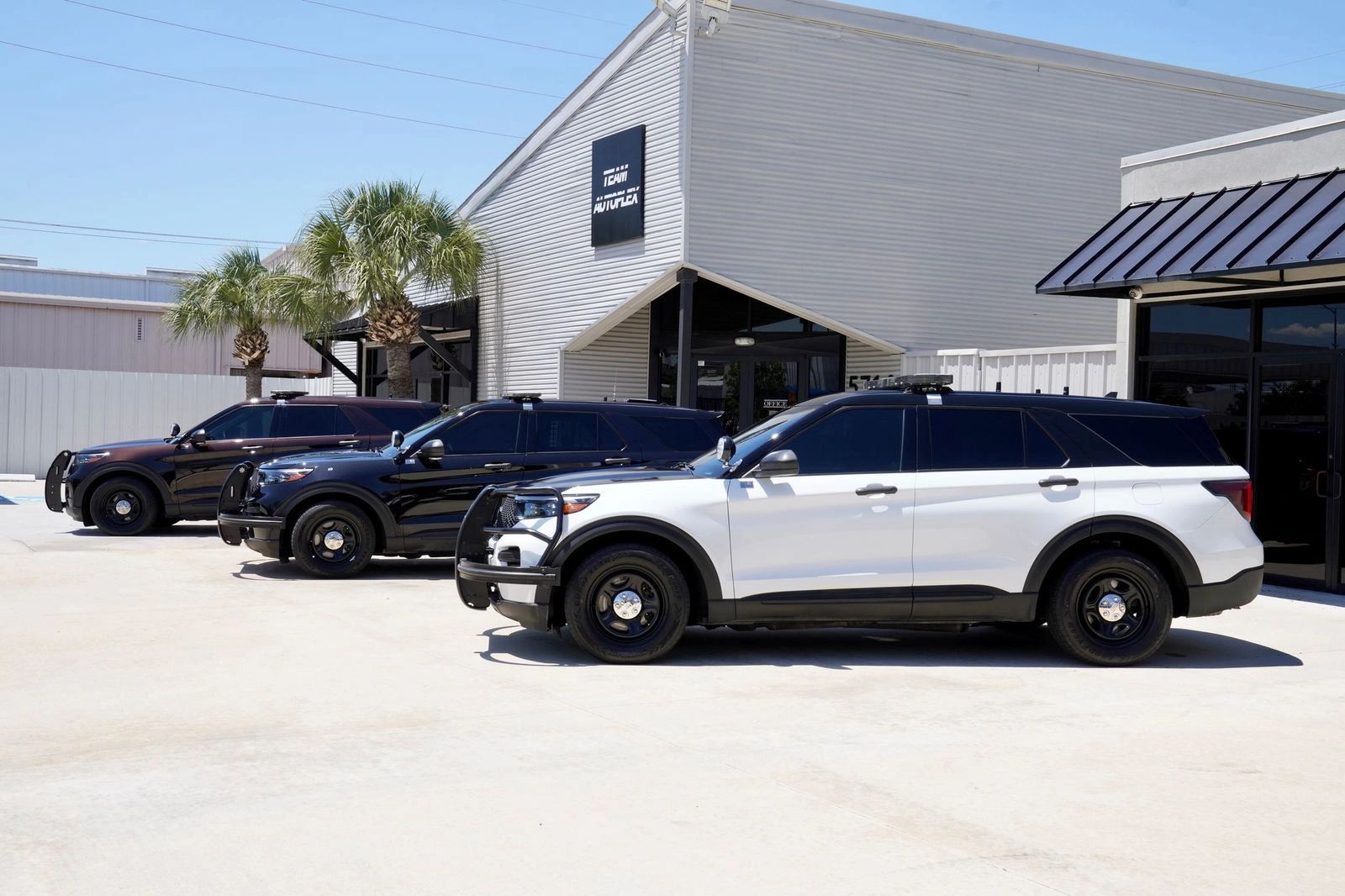 Three police SUVs parked outside a building with palm trees nearby.