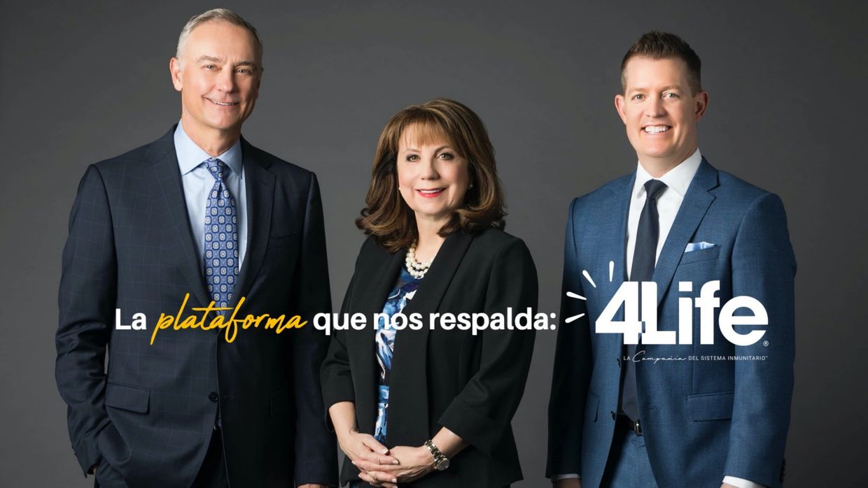 Three professionals in suits promote 4Life as a supportive platform.