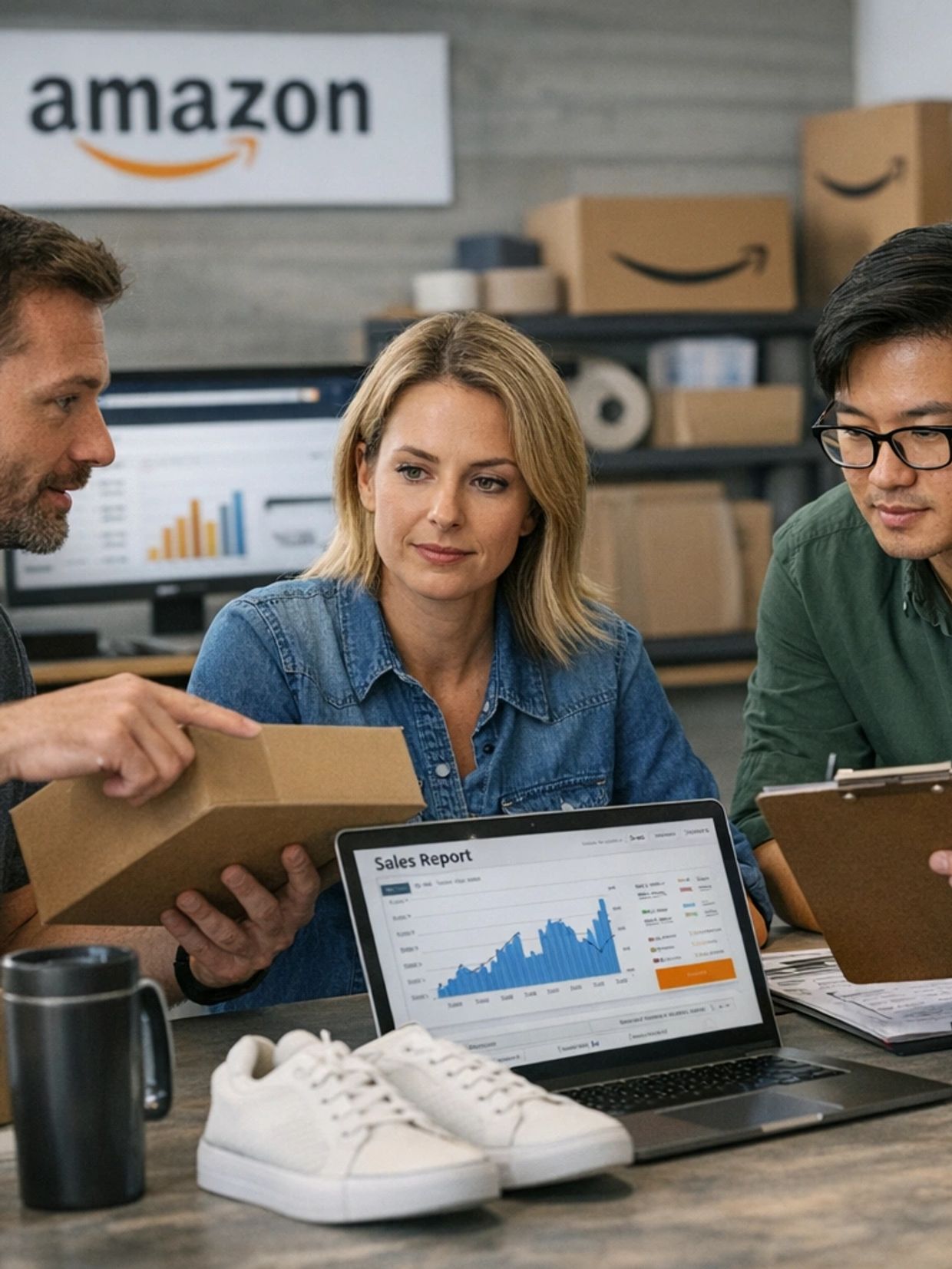 Three people discuss sales data with packaging and shoes at an Amazon workspace.
