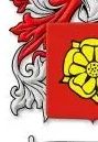 Close-up of a red and yellow heraldic shield with decorative silver and red flourishes.