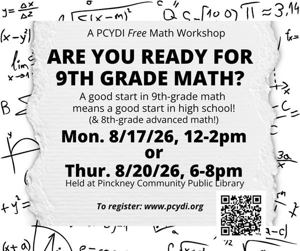 Flyer for a free 9th grade math workshop with dates and registration info.