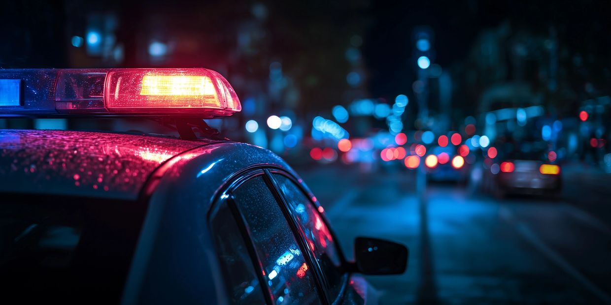 Police car with flashing lights on a rainy night in the city.