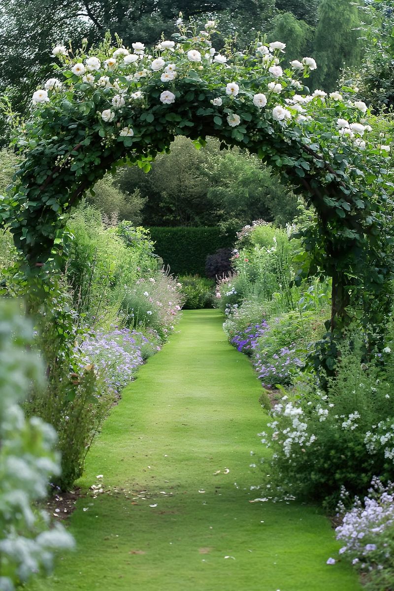 An aged steel garden arch in a garden setting