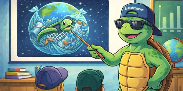 A cool turtle teaches about ocean pollution to kids.