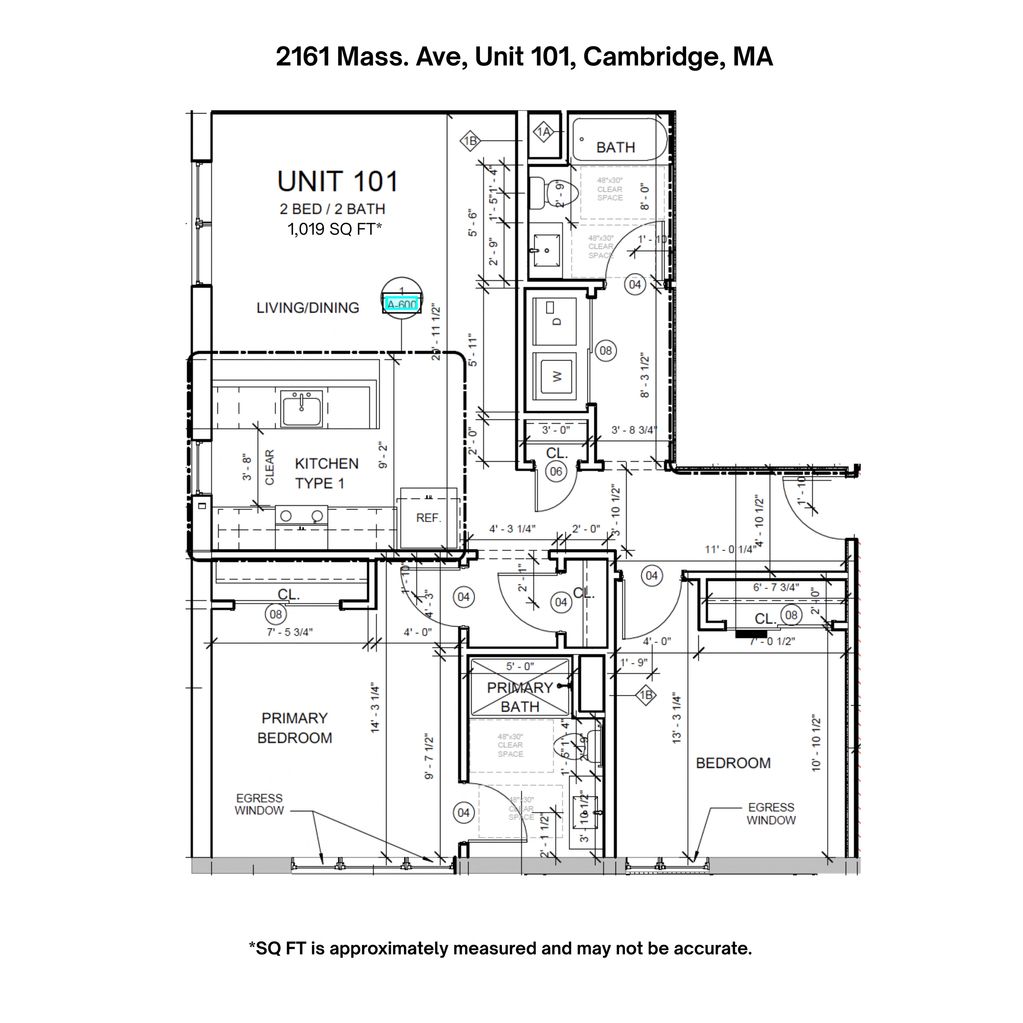 Floor plan of a 2-bedroom, 2-bathroom unit in Cambridge, MA.