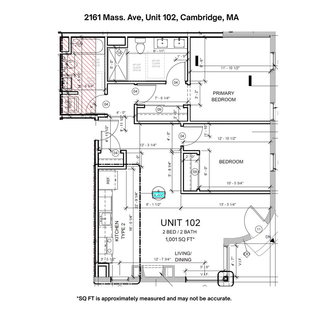 Floor plan of Unit 102 with 2 bedrooms and 2 bathrooms.